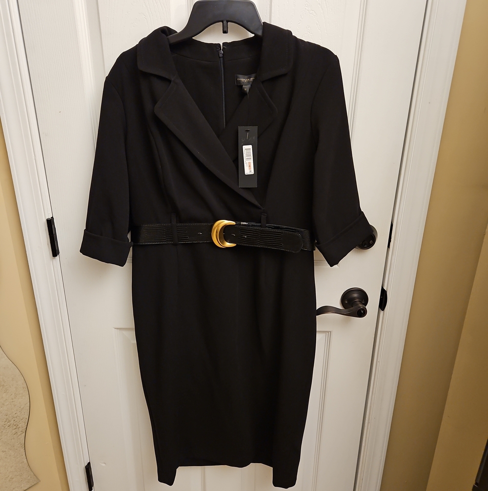 Donna Karan Black Long Sleeve Wrap Sheath Dress with Gold Buckle